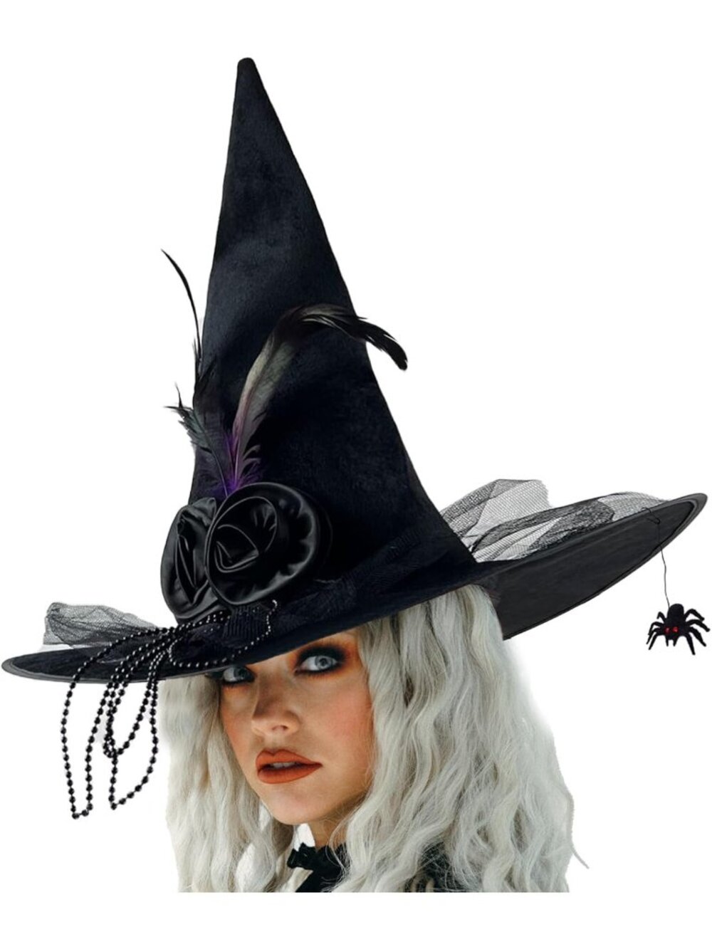 🎃Women Black Witch Hat-2 Velvet Costume Detachable Spider Halloween Witch Hat